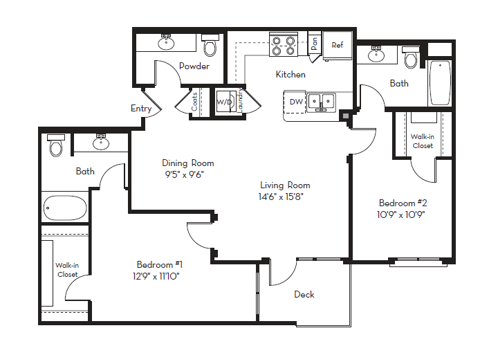 Floor plan for 2 beds, 2.5 baths, 1229 sqft