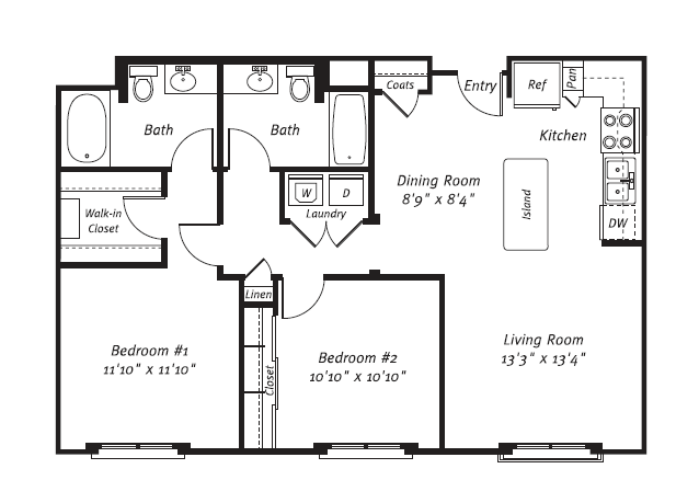 Floor plan for 2 beds, 2 baths, 1056 sqft