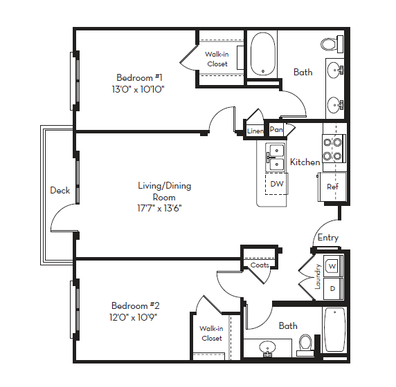 Floor plan for 2 beds, 2 baths, 1121 sqft