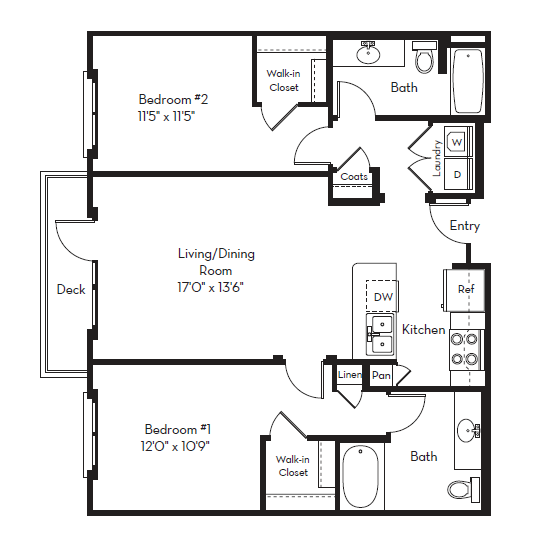 Floor plan for 2 beds, 2 baths, 1067 sqft