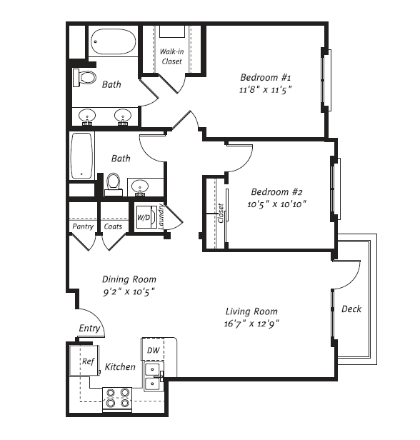 Floor plan for 2 beds, 2 baths, 1049 sqft