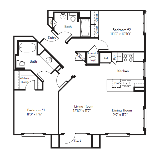 Floor plan for 2 beds, 2 baths, 1187 sqft