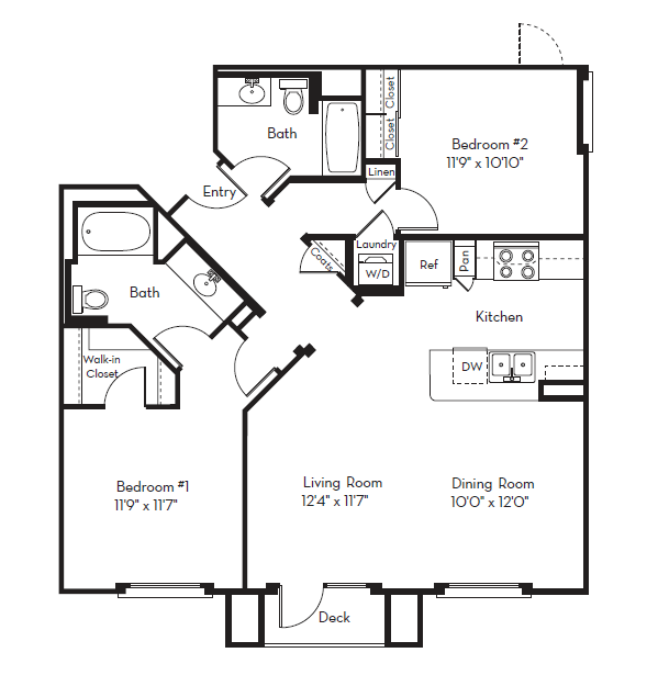 Floor plan for 2 beds, 2 baths, 1174 sqft