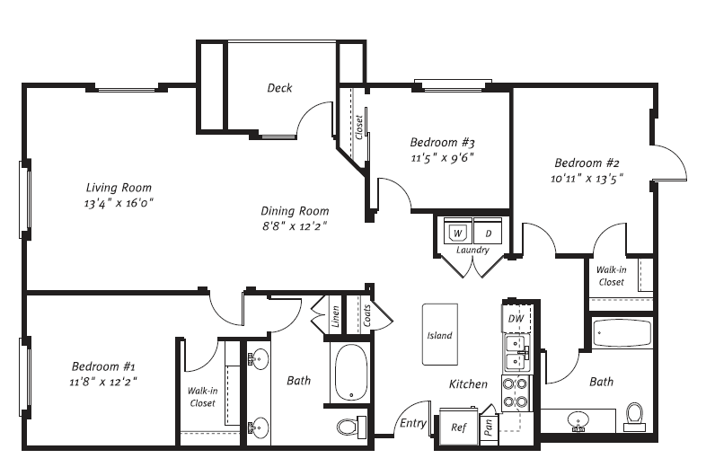 Floor plan for 3 beds, 2 baths, 1495 sqft