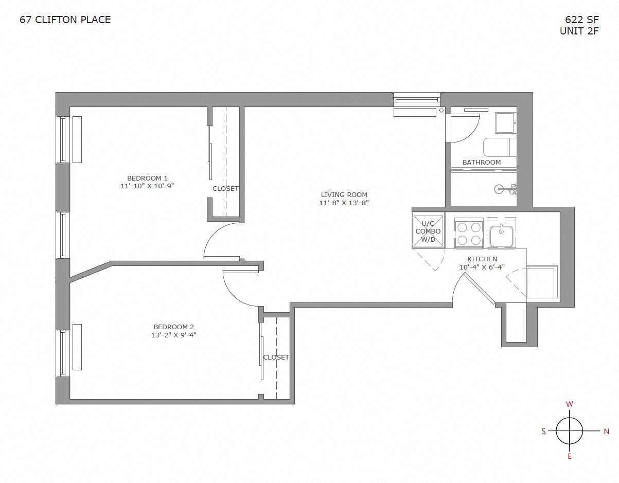 Floor plan for 2 beds, 1 bath, 700 sqft