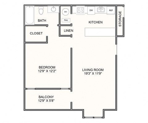 Floor plan for 1 bed, 1 bath, 647 sqft