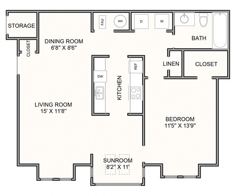 Floor plan for 1 bed, 1 bath, 889 sqft