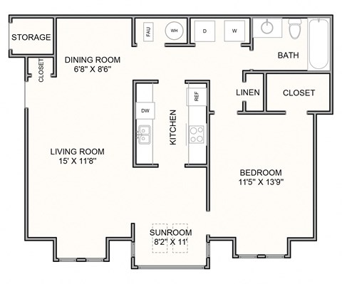 Floor plan for 1 bed, 1 bath, 888 sqft