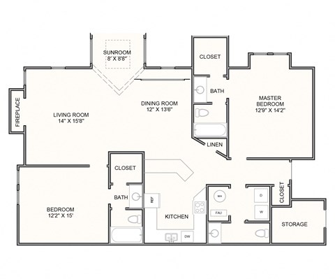 Floor plan for 2 beds, 2.5 baths, 1365 sqft