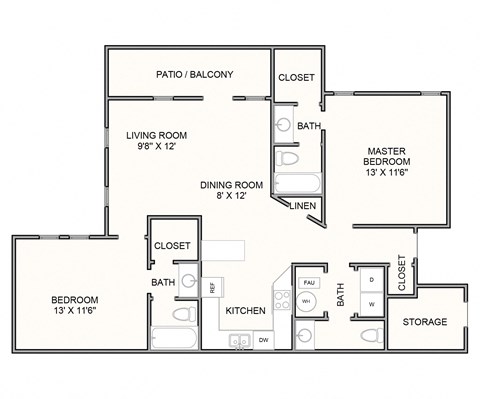 Floor plan for 2 beds, 2 baths, 1018 sqft