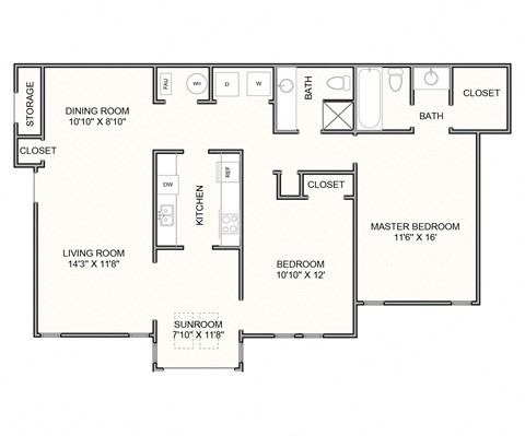 Floor plan for 2 beds, 2 baths, 1157 sqft