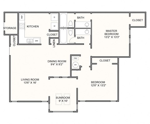 Floor plan for 2 beds, 2 baths, 1307 sqft