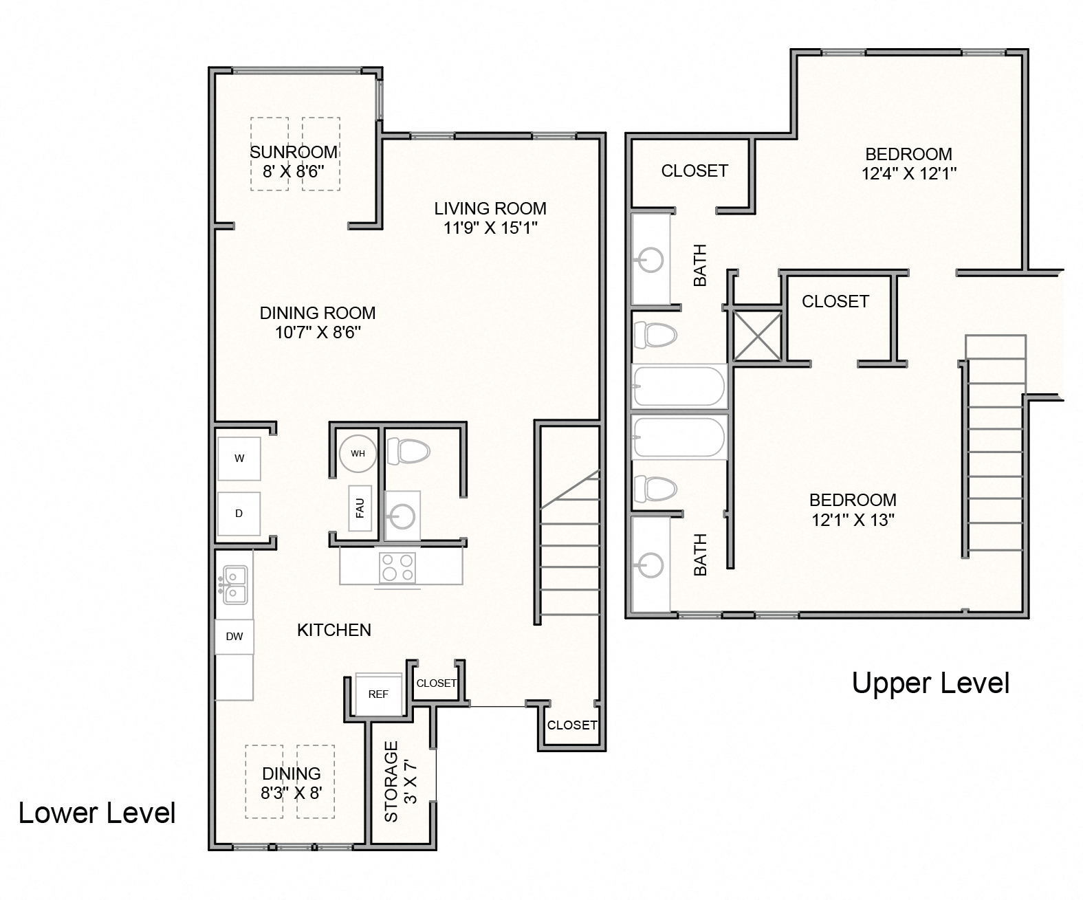Floor plan for 2 beds, 2.5 baths, 1375 sqft