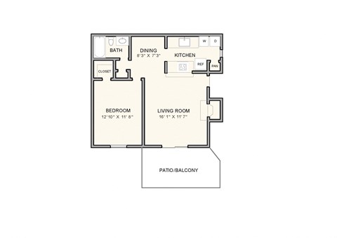 Floor plan for 1 bed, 1 bath, 755 sqft