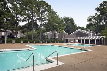 Memphis apartment for rent - A swimming pool surrounded by trees and a building in the background.