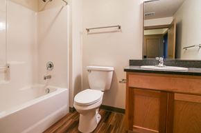 Missoula apartment for rent - a bathroom with a toilet and a tub and a sink