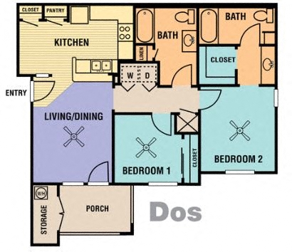 Floor plan for 2 beds, 2 baths, 1068 sqft