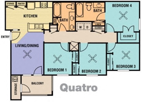 Floor plan for 4 beds, 2 baths, 1384 sqft