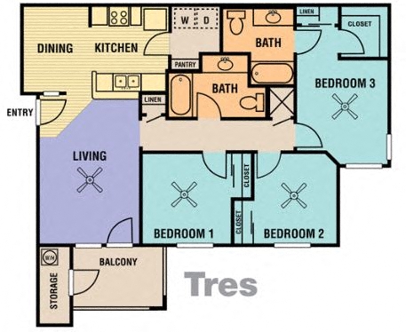 Floor plan for 3 beds, 2 baths, 1254 sqft