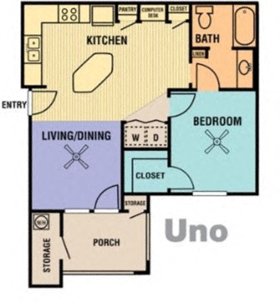 Floor plan for 1 bed, 1 bath, 842 sqft