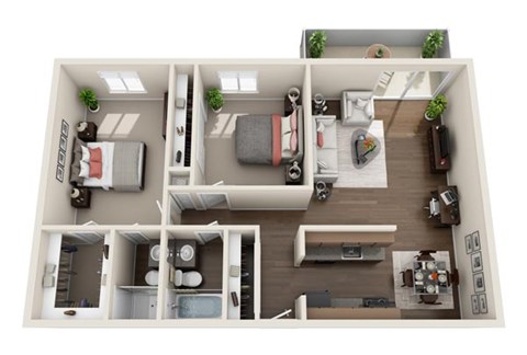 Floor plan for 2 beds, 2 baths, 1007 sqft