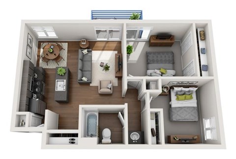 Floor plan for 2 beds, 1 bath, 950 sqft