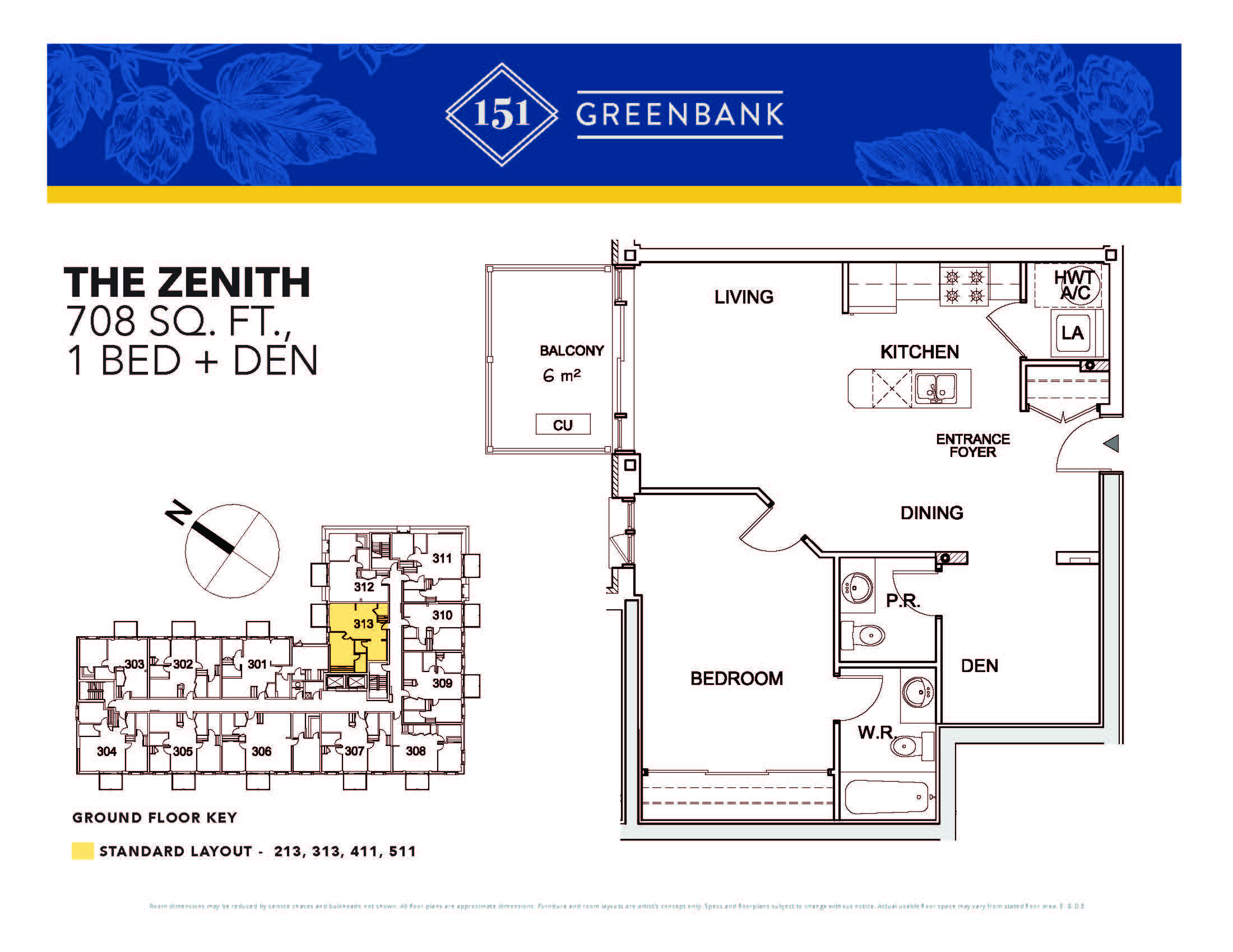 Floor plan for 1 bed, 1 bath, 708 sqft