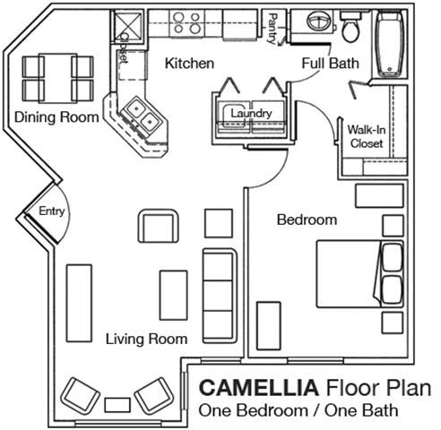 Floor plan for 1 bed, 1 bath, 732 sqft