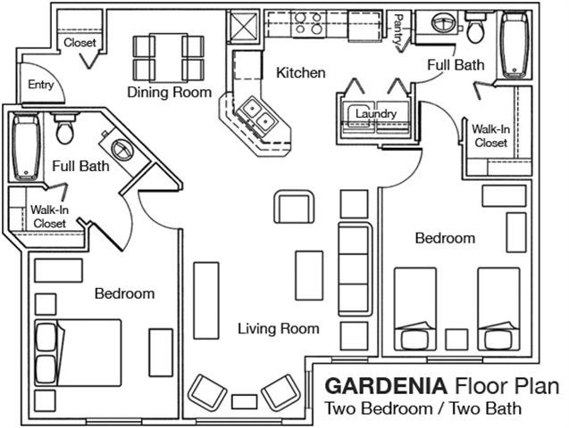 Floor plan for 2 beds, 2 baths, 1032 sqft