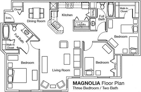 Floor plan for 3 beds, 2 baths, 1182 sqft