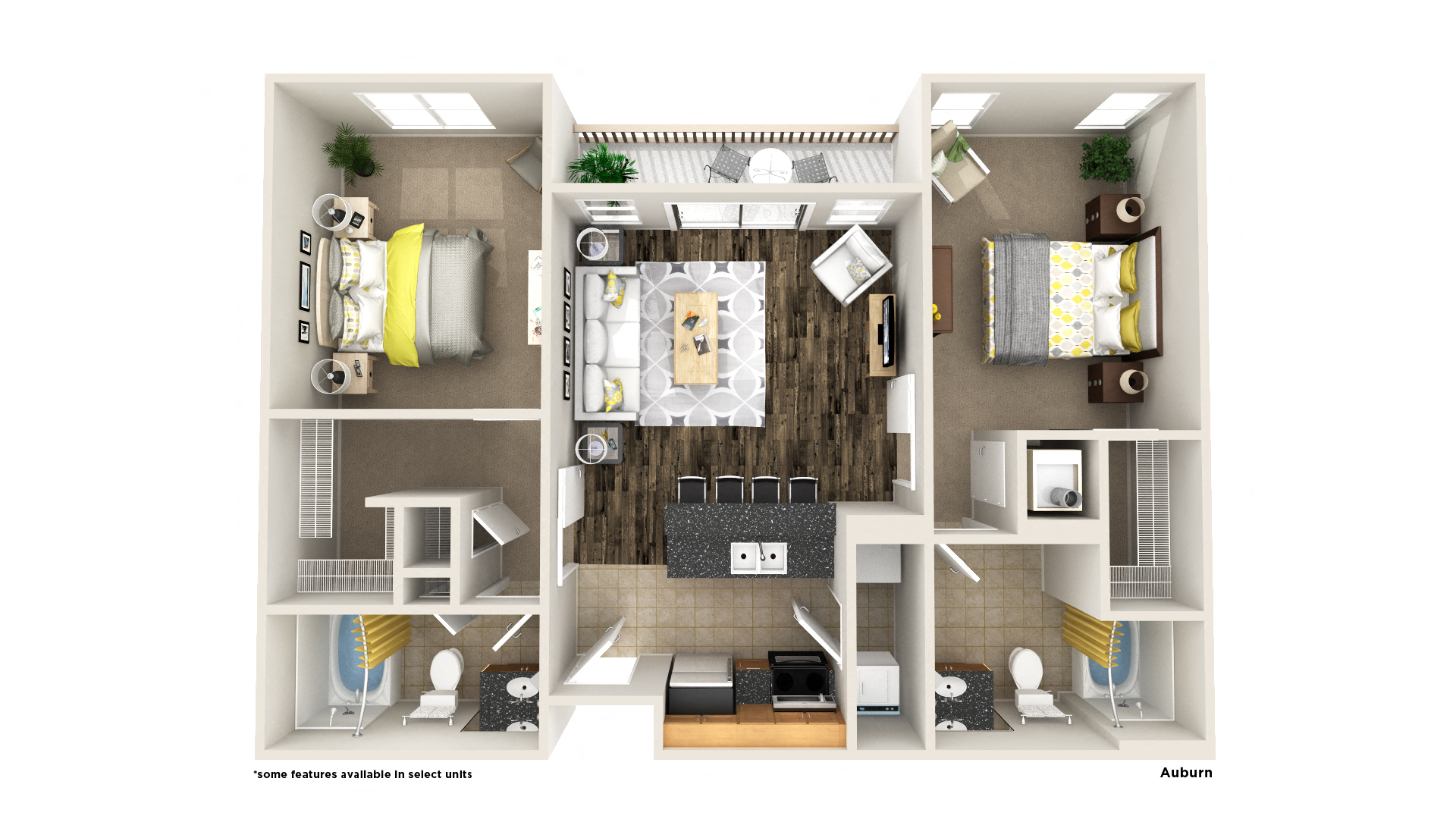 Floor plan for 2 beds, 2 baths, 1076 sqft