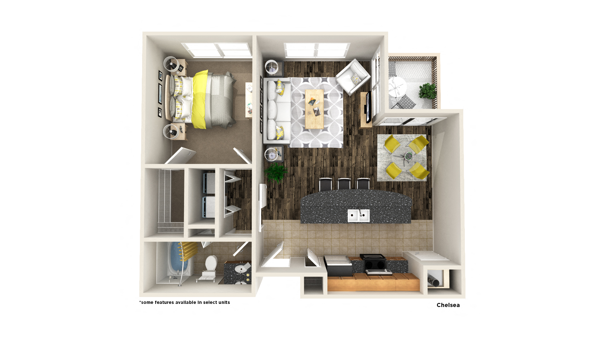 Floor plan for 1 bed, 1 bath, 884 sqft