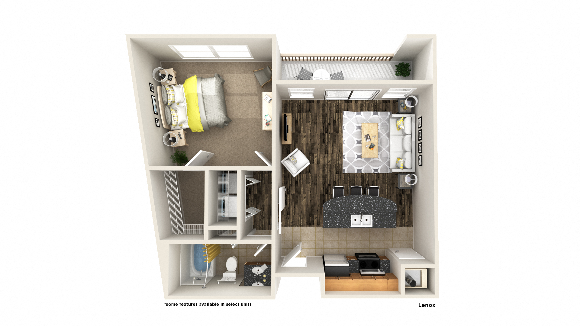 Floor plan for 1 bed, 1 bath, 780 sqft