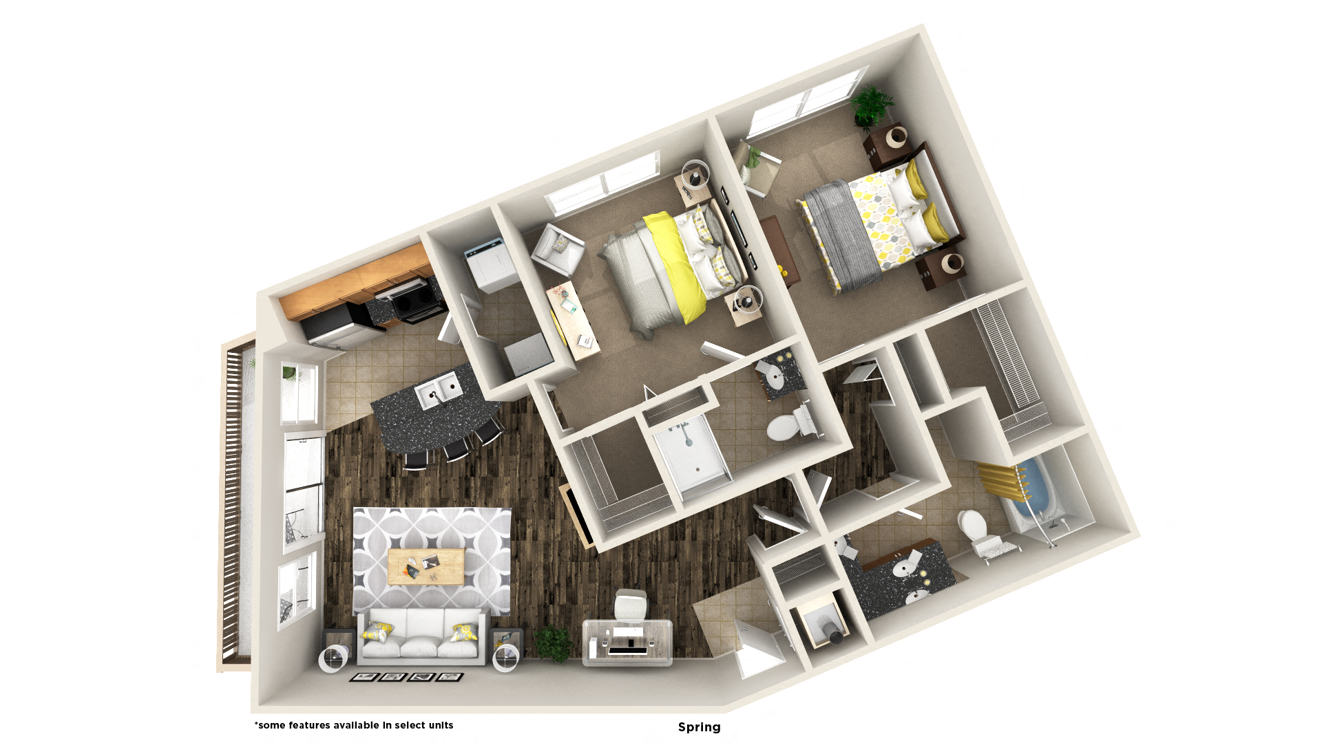 Floor plan for 2 beds, 2 baths, 1065 sqft