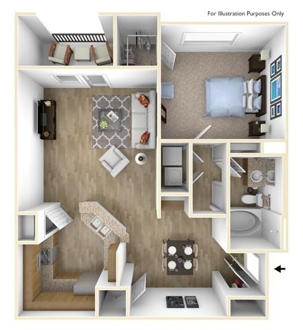 Floor plan for 1 bed, 1 bath, 880 sqft
