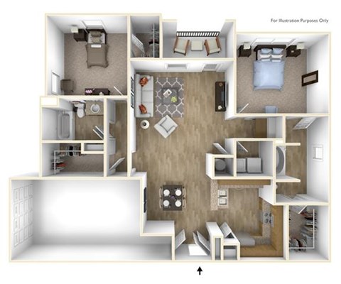 Floor plan for 2 beds, 2 baths, 1305 sqft