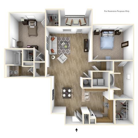 Floor plan for 2 beds, 2 baths, 1309 sqft