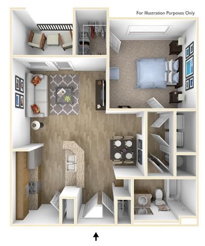 Floor plan for 1 bed, 1 bath, 691 sqft