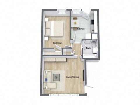 Floor plan for 1 bed, 1 bath, 500 sqft