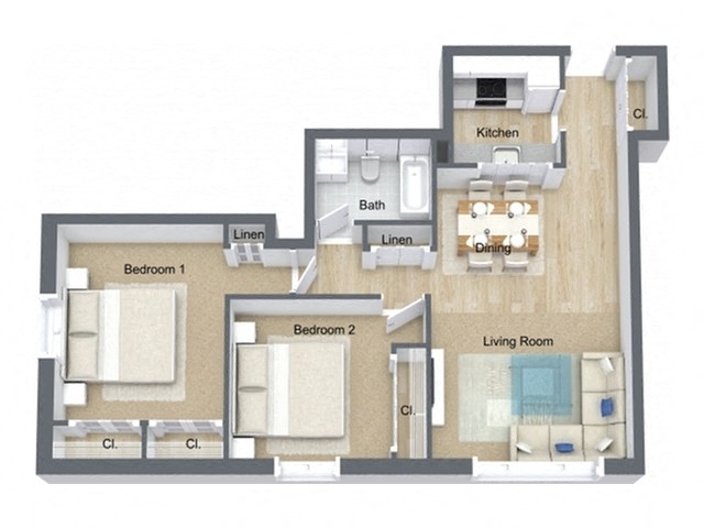 Floor plan for 2 beds, 1 bath, 790 sqft