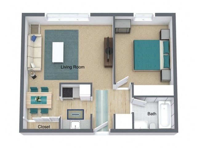 Floor plan for 1 bed, 1 bath, 540 sqft