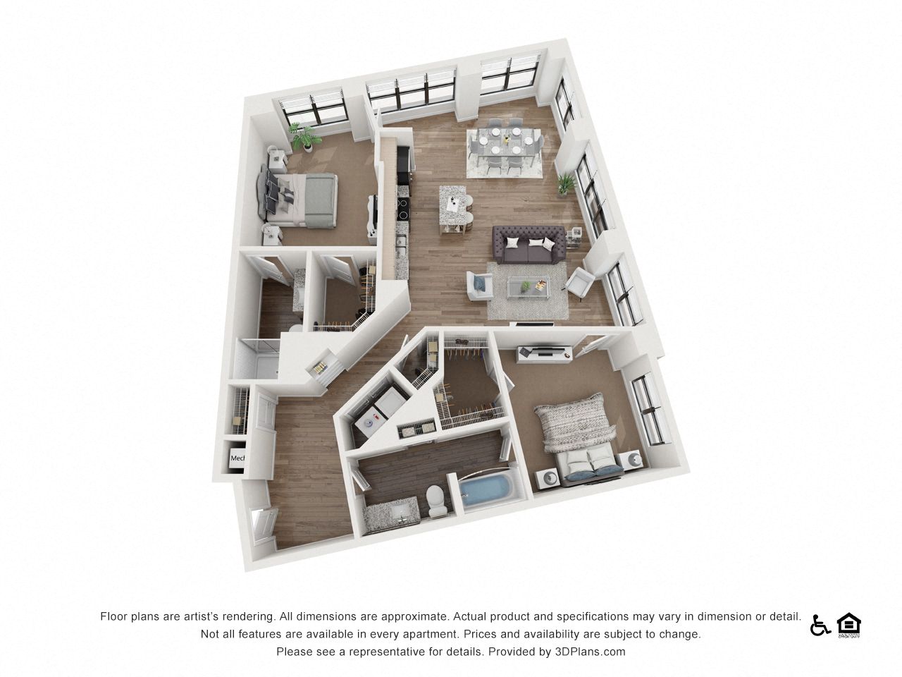 Floor plan for 2 beds, 2 baths, 1316 sqft