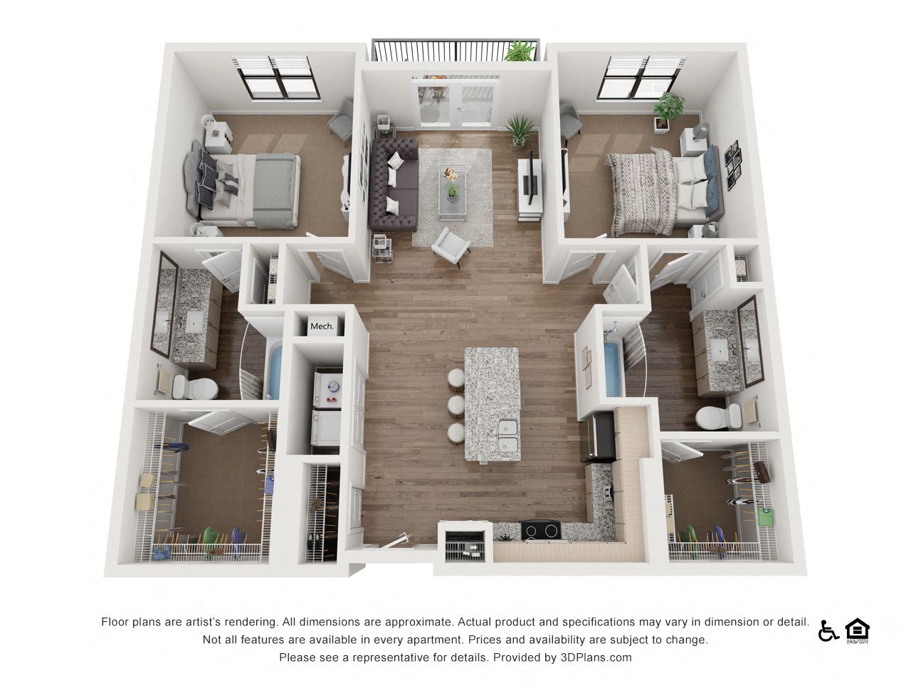 Floor plan for 2 beds, 2 baths, 1132 sqft