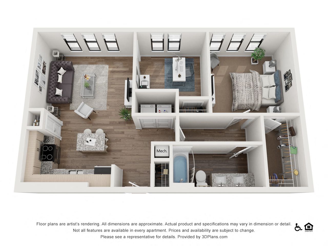 Floor plan for 1 bed, 1 bath, 860 sqft