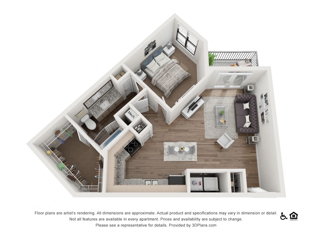 Floor plan for 1 bed, 1 bath, 749 sqft