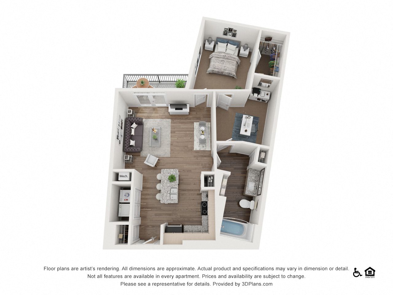 Floor plan for 1 bed, 1 bath, 852 sqft