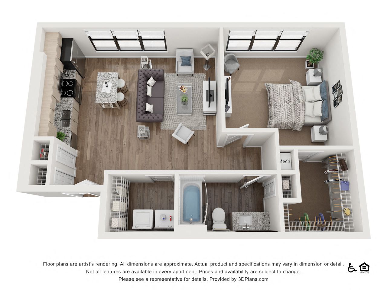 Floor plan for 1 bed, 1 bath, 723 sqft