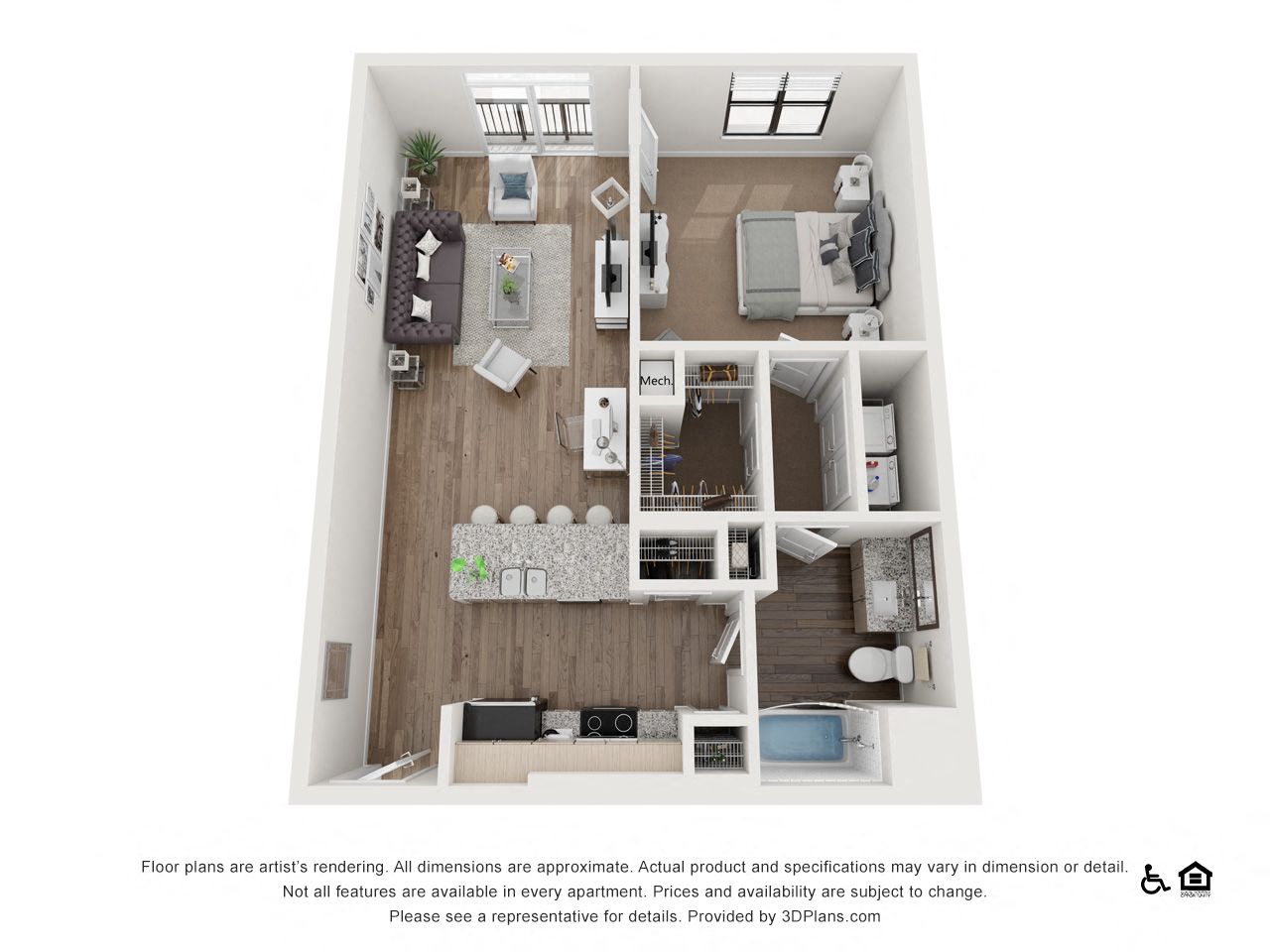 Floor plan for 1 bed, 1 bath, 782 sqft