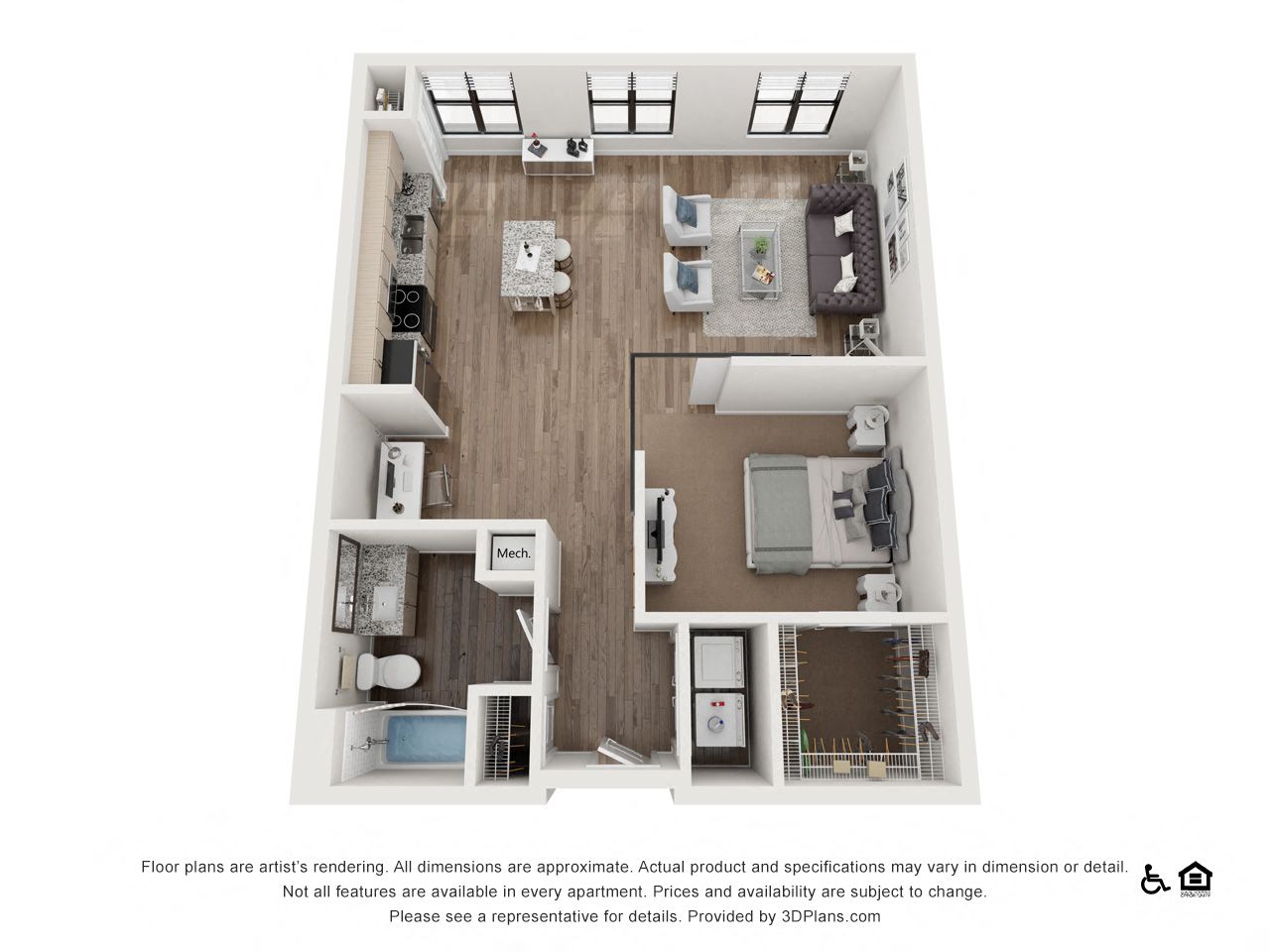 Floor plan for 1 bed, 1 bath, 777 sqft