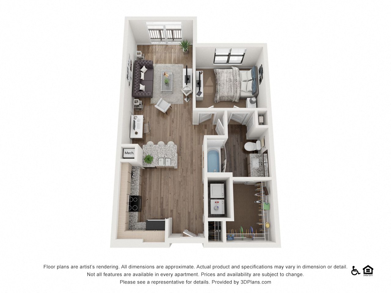 Floor plan for 1 bed, 1 bath, 700 sqft